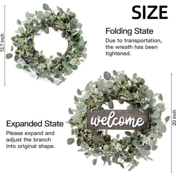 Green Eucalyptus Leaf Wreath with Welcome Sign 20in Artificial Eucalyptus Wreath - Picture 5 of 7